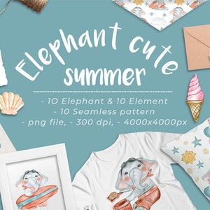 Elephant Summer Holiday Clipart, baby elephant png, elephant clip art, summer clipart, baby elephant PNG, baby boy clip art, nursery decor