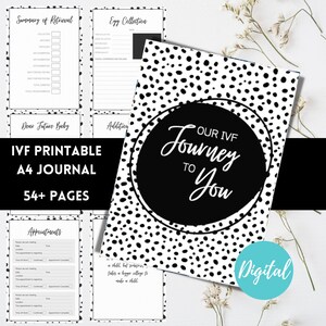 Journal des étapes de la FIV en noir et blanc de 54 pages | Journal numérique à imprimer et à utiliser | Jalons FIV | Documenter le parcours de FIV | Format A4