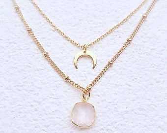 Necklace double chain rosary stainless steel gold / half moon and Rose quartz set silver