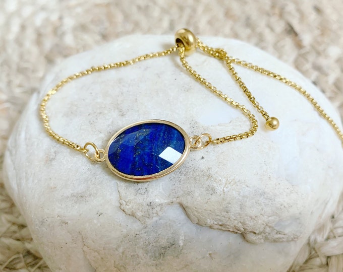Gold Stainless Steel Bracelet / Adjustable / Natural Lazuli Lapis