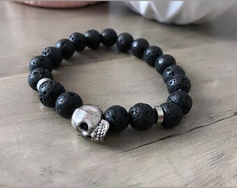 Bracelet skull / skull / natural stones / lava stone /
