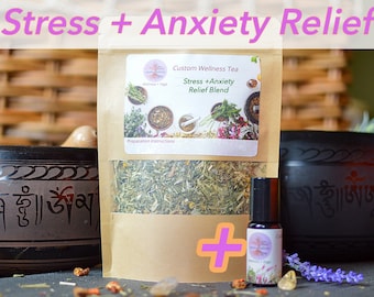 Combo de alivio de estrés + ansiedad con té de hierbas orgánico + aceite esencial