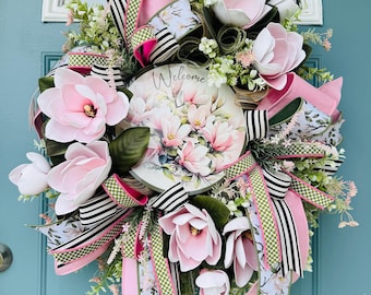 Magnolia wreath |  Spring  Garden Wreath | southern pine, Pink magnolia | Cottagecore Door Decor | southern magnolia Wreath