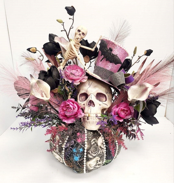 Halloween decor, Skull Pumpkin Centerpiece, Fall Table Decor, Pumpkin Table Arrangement, Skeleton Table Decor, Fabric Pumpkin Centerpiece