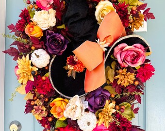 Fall Floral Grapevine Wreath with Witch Hat & Mini Pumpkins