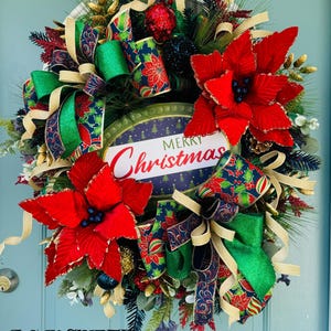 Christmas Wreath, Winter Wreath, Christmas Décor, Holiday Home Décor, Front Door Wreath, poinsetta Wreath, Vintage Décor