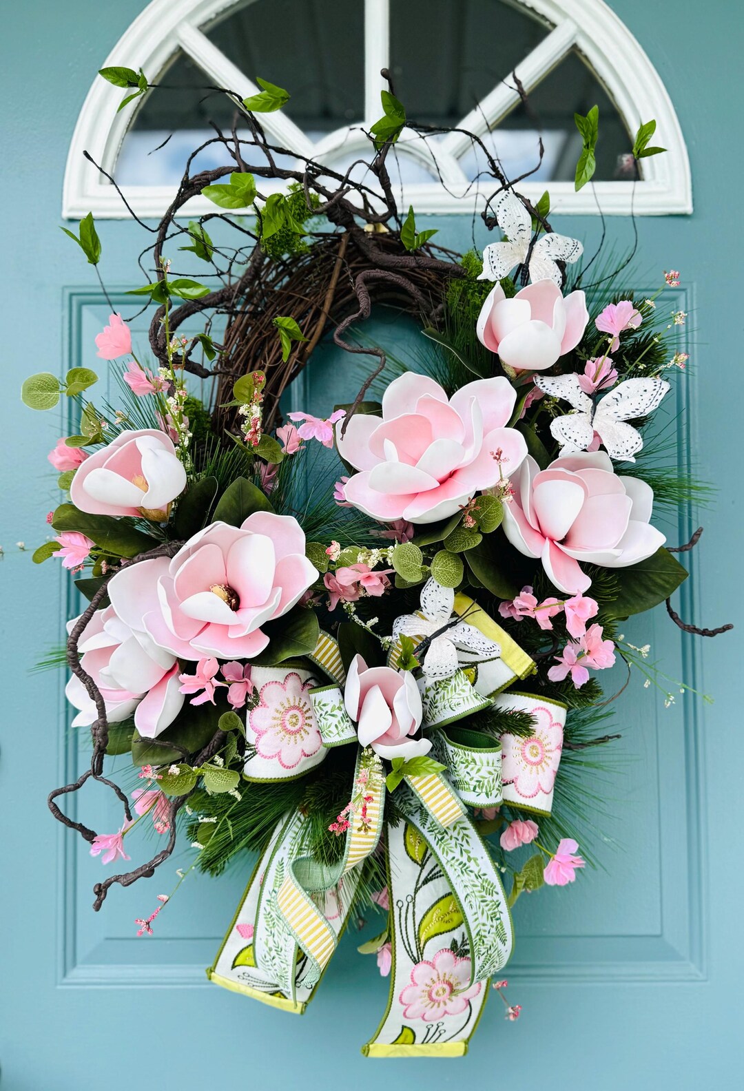 Spring Magnolia Wreath, Pink Floral Door Wreath, Grapevine Wreath With ...