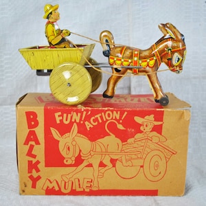 Vintage MARX Blechspielzeug Balky Mule mit Wagen & Fahrer Funktioniert Original Box