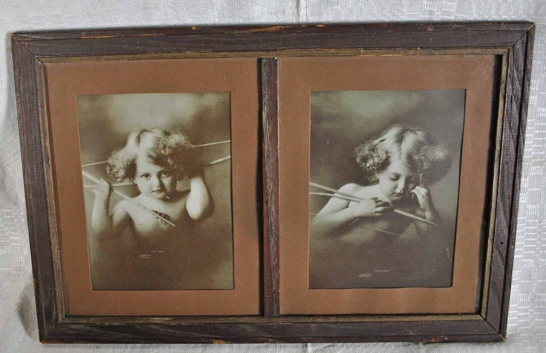 Deux Gravures Encadrées Cupidon - Éveillé Et Endormi - 26,7 X 31,8 Cm - Occasion