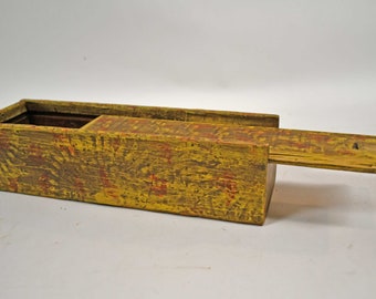Antique Candle Box, Original Yellow, Red And Brown Grain Painted, Slide Cover Lid