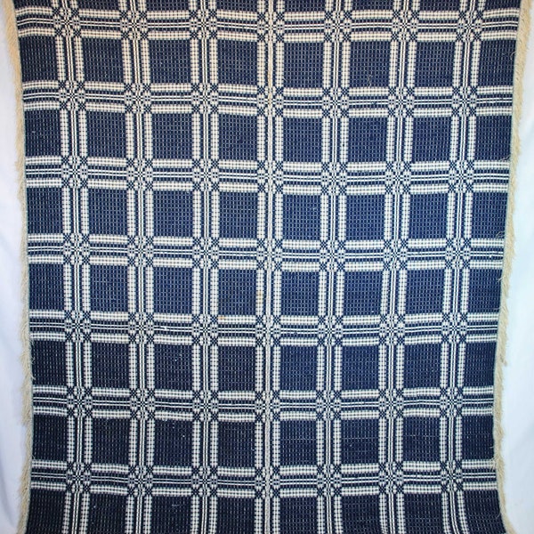 Antique Jacquard Coverlet, Overshot Indigo Blue and White Wool Bedcover