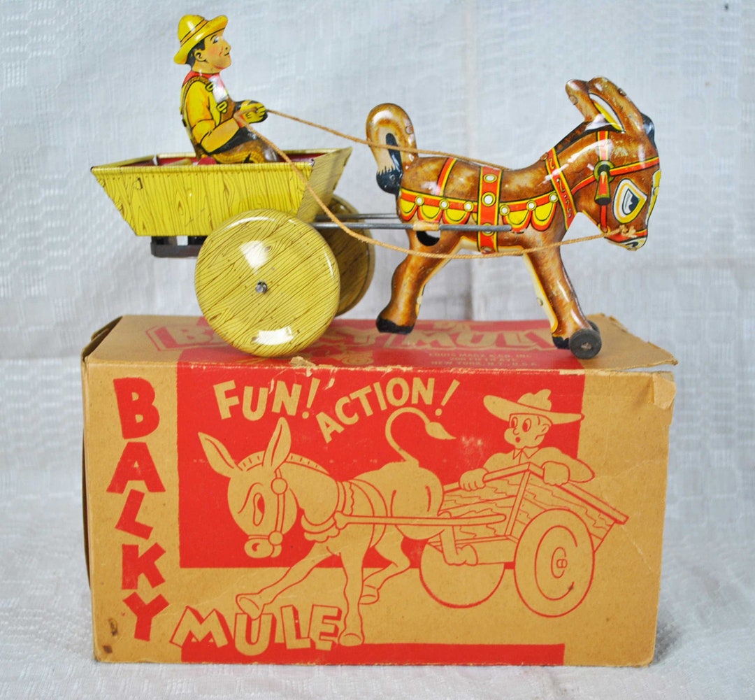 Vintage MARX Tin Wind up Toy Balky Mule With Cart & Driver Works