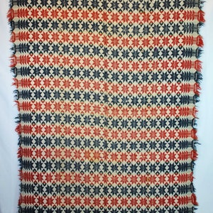 Antique Jacquard Woven Coverlet Indigo Blue & White Overshot, Center Seam, 1850s