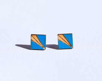 Wood Square Stud Earrings, Hand Painted Stud Earrings, Stud Earring Set Gift Idea