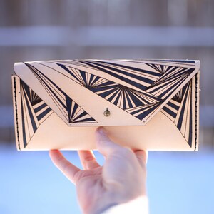 Leather Clutch Wallet with Black Ray Pattern. Small Leather Clutch. Leather Anniversary Gift for Her.