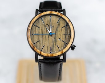 Holzuhr handgefertigt mit schwarzem Lederband | Armbanduhren für Damen und Herren | Geschenke