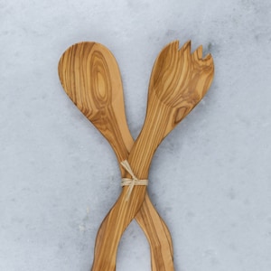 Salad Servers Set with Fork and Spoon Made Of Fine Olive Wood | Unique Handmade Kitchen utensils