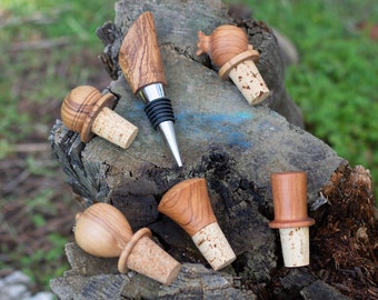 Handmade Olive Wood Wine Bottle Stoppers with Cork