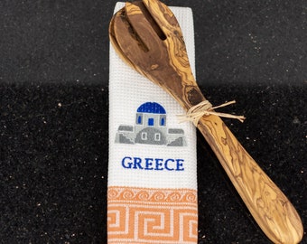 Serveurs de salade en bois avec serviette en coton dans de nombreuses couleurs | Cadeaux faits à la main de Grèce | Ustensiles de cuisine uniques