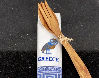 Servidores de ensaladas de madera con servilleta de algodón en muchos colores / Regalos hechos a mano de Grecia / Utensilios de cocina únicos