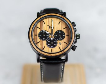 Handgemachte Holzuhr mit schwarzem Lederband | Armbanduhren