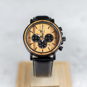 Handmade Wooden Watch with Black Leather Band | Wrist Watches