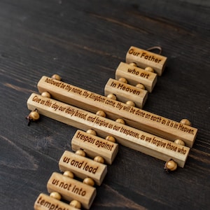 Handmade Olive Wood Cross Wall Hanging Cross Our Father in English or Spanish