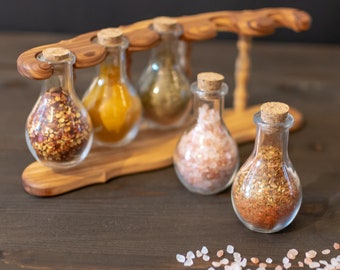 Olive Wood Spice Jar Rack / Hecho a mano de madera especias almacenamiento set / regalos