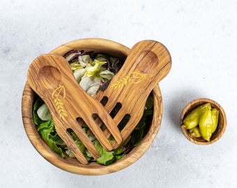 Handmade  Salad and Pasta Tongs Made of Olive Wood with Handpainted Design