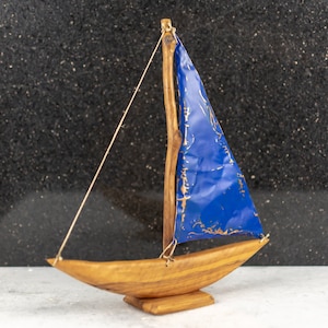 Wooden Sail boat with Blue Sails - Large size | Olive Wood Ship | Unique Handmade Home Decoratives