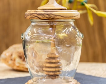 Handmade Olive Wood Honey Pot With Dipper - Gifts