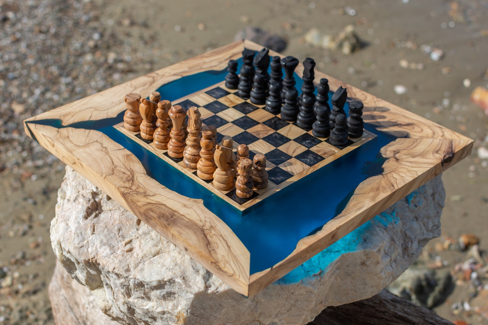 Beautiful Olive Wood Epoxy Resin Chess Board Game Set Etsy