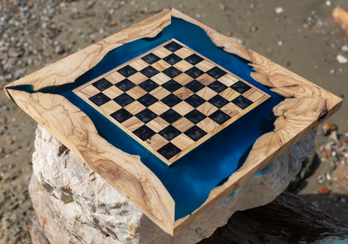 Beautiful Olive Wood Epoxy Resin Chess Board Game Set Etsy