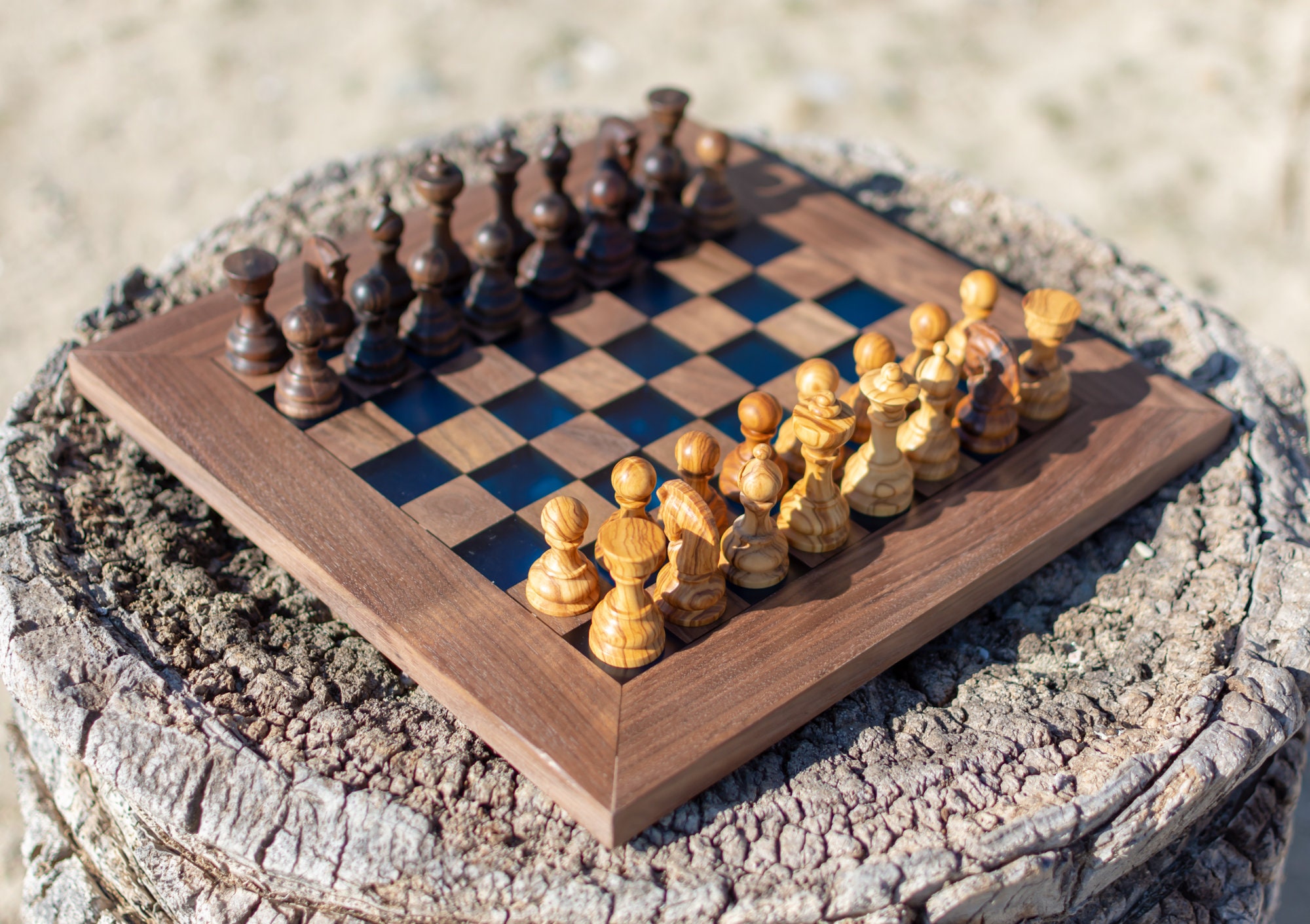 Olive Wood Epoxy Double-side Resin Chess Board Game Set 