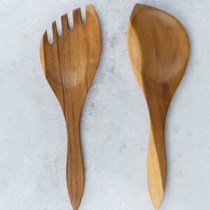 Handcrafted Wooden Salad Servers Made Of Olive Wood in Modern Design Unique Kitchen utensils image 5