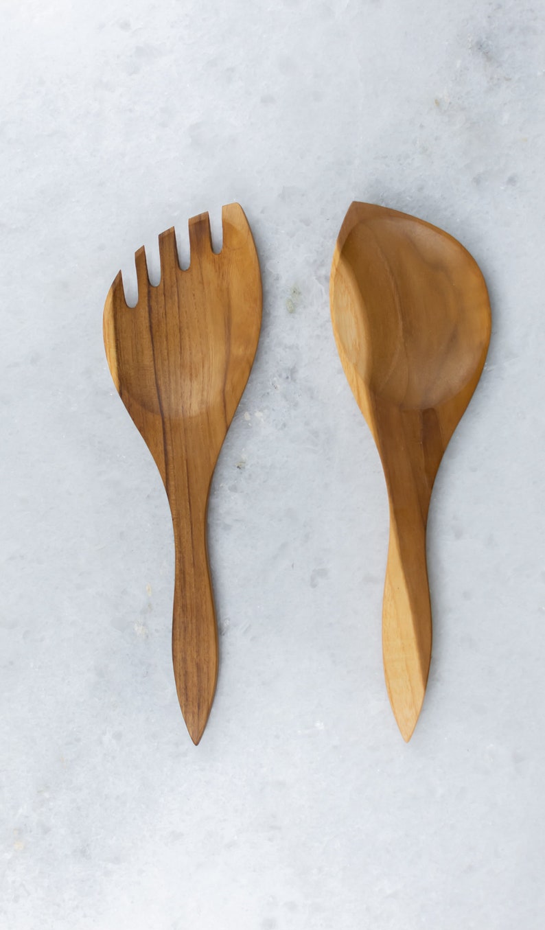 Handcrafted Wooden Salad Servers Made Of Olive Wood in Modern Design Unique Kitchen utensils image 5