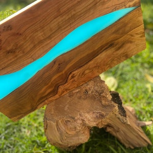 Wood Epoxy Resin Serving Board | Aqua Blue | Handmade Tray in Unique MadeOfOliveWood design
