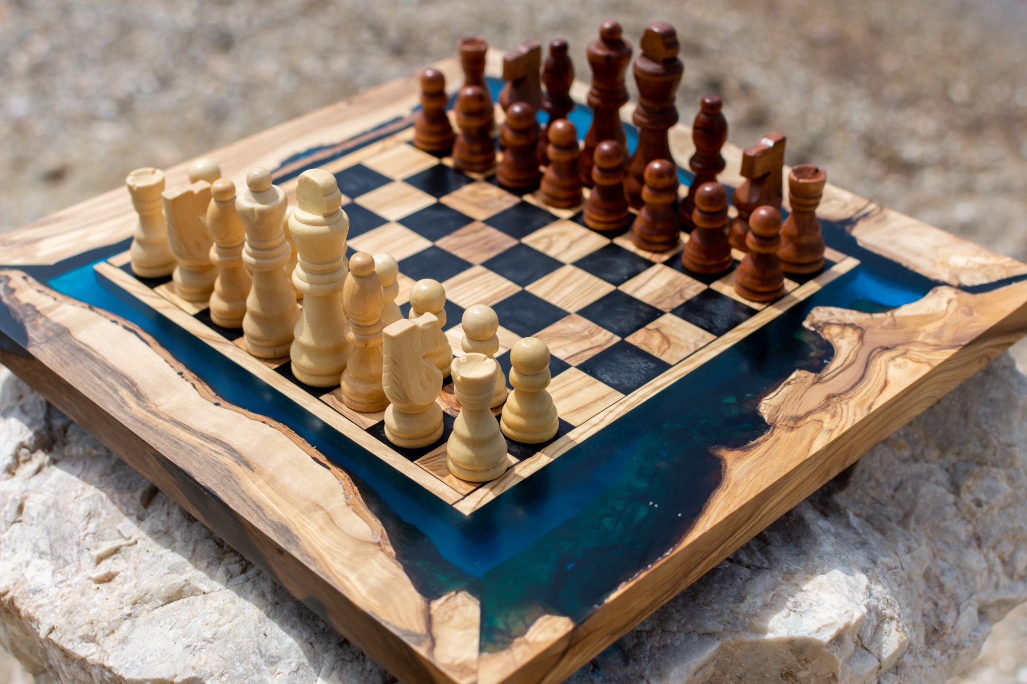 Olive Wood Epoxy Resin Chess Board Game Set Handmade Chess Etsy