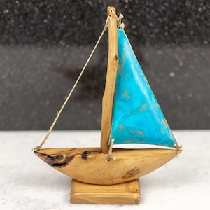 Wooden Sail boat with Tirquoise Sails | Olive Wood Ship | Unique Handmade Decoratives