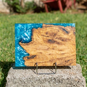 Light Blue Wood Epoxy Resin Serving Board | Handmade Board in Unique MadeOfOliveWood design