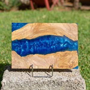Wood Epoxy Resin Serving Board in Blue | Handmade Board in Unique MadeOfOliveWood design
