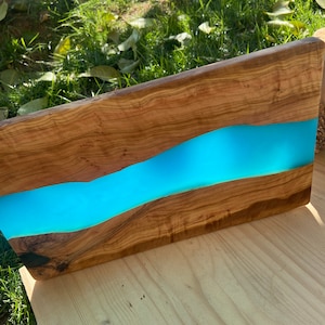 Wood Epoxy Resin Serving Board | Natural Aqua blue| Handmade Board in Unique MadeOfOliveWood design