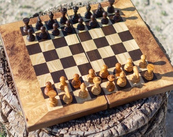 Unique Olive Wood Backgammon and Chess Board Game Set - Medium Size - Gifts