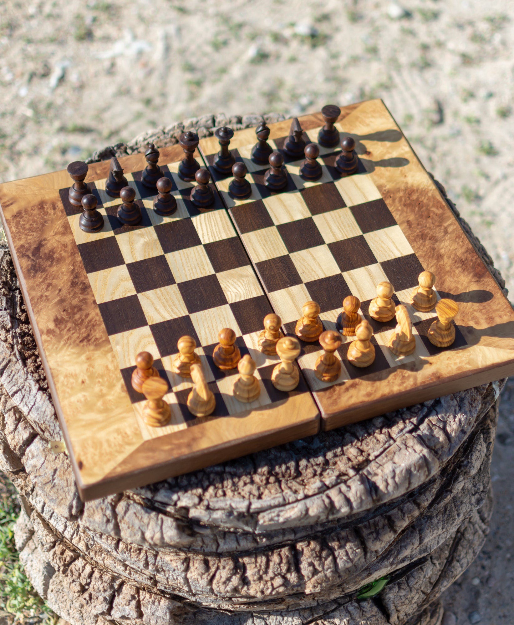 Unique Olive Wood Backgammon and Chess Board Game Set Medium