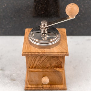 Handmade Olive Wood Coffee Grinder | Antique Style Silver Coffee Mill image 1