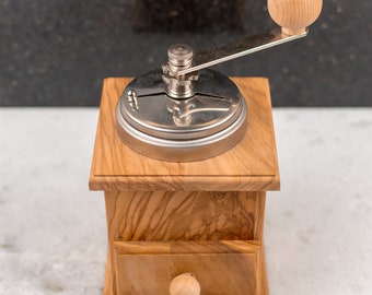 Olivenholz Kaffeemühle Antik Stil | Handgemachte Kaffeemühle aus Holz - Silber| Besondere Cofee Liebhaber Geschenke