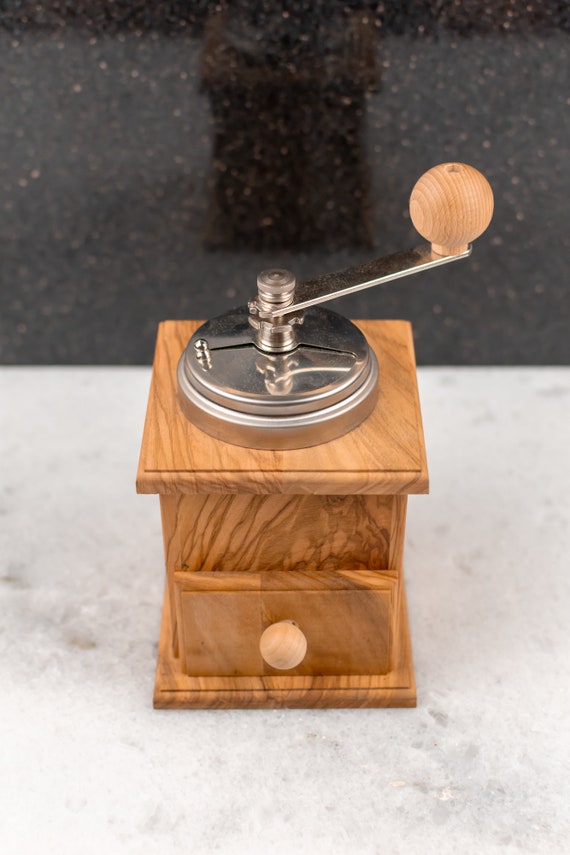 Handmade Olive Wood Coffee Grinder | Antique Style Silver Coffee Mill