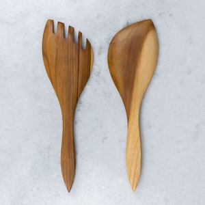 Handcrafted Wooden Salad Servers Made Of Olive Wood in Modern Design Unique Kitchen utensils image 4