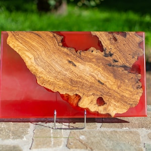 Handmade Wood Epoxy Resin Serving Board in Red | Unique Board in MadeOfOliveWood design | Special Gifts