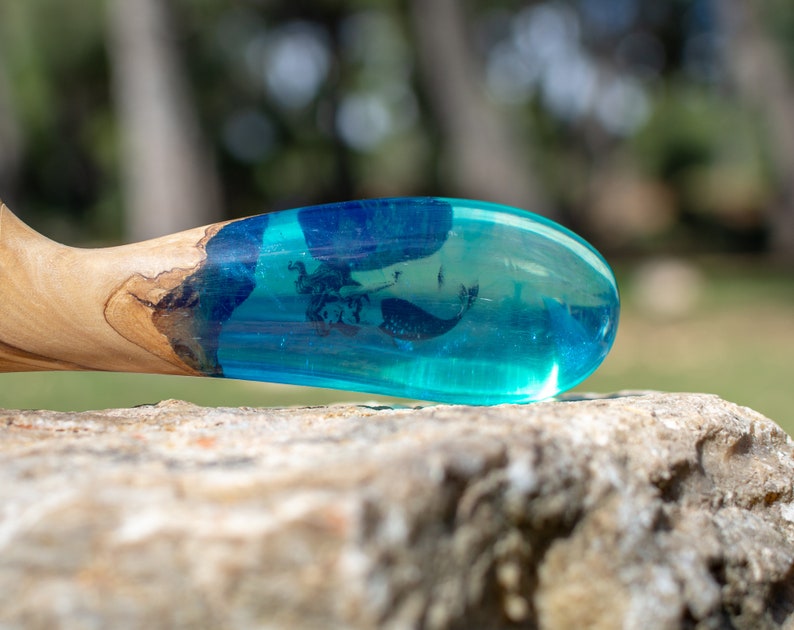 Wooden Epoxy Resin Comb with Handle Wooden Hair Comb with Ariel Mermaid Design